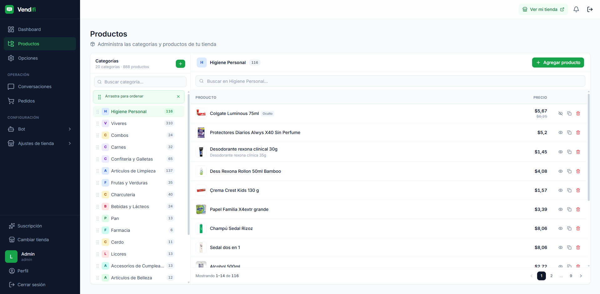 Panel de Vendifi — gestión de productos y categorías